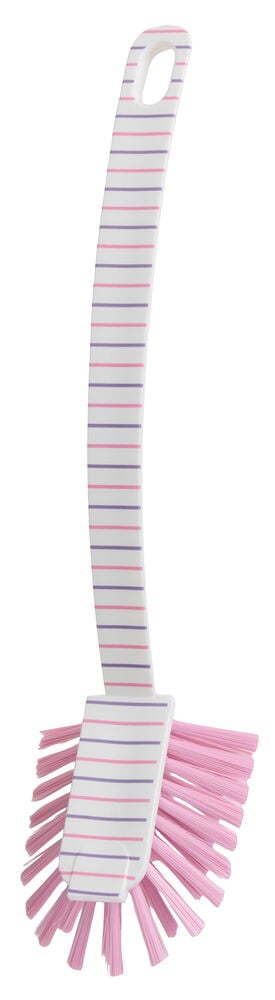 Oppvaskbørste 28 cm Assorterte farger, hvitt håndtak med lilla og rosa striper og rosa bust.