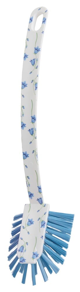 Oppvaskbørste 28 cm med hvitt håndtak, blått klokkeblomstmønster og blå børster.