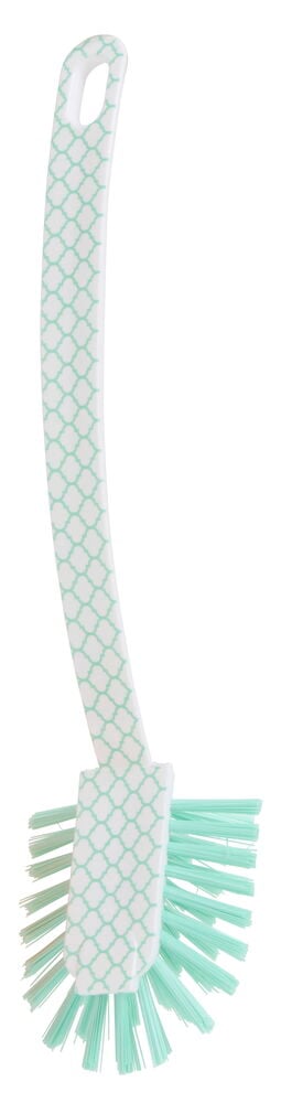 Oppvaskbørste 28 cm: Et bøyd hvitt håndtak med lysgrønt mønster og matchende grønne børster.