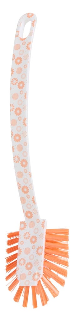 Valkoinen tiskiharja 28 cm oranssilla kukkakuviolla ja oransseilla harjaksilla.