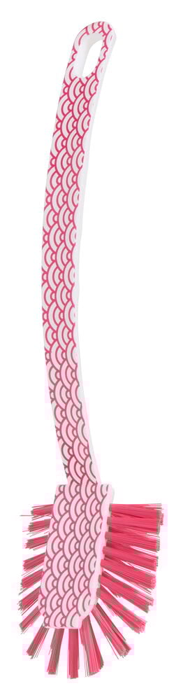 En hvit oppvaskbørste med rosa bølgemønstret håndtak og sterke rosa børster.