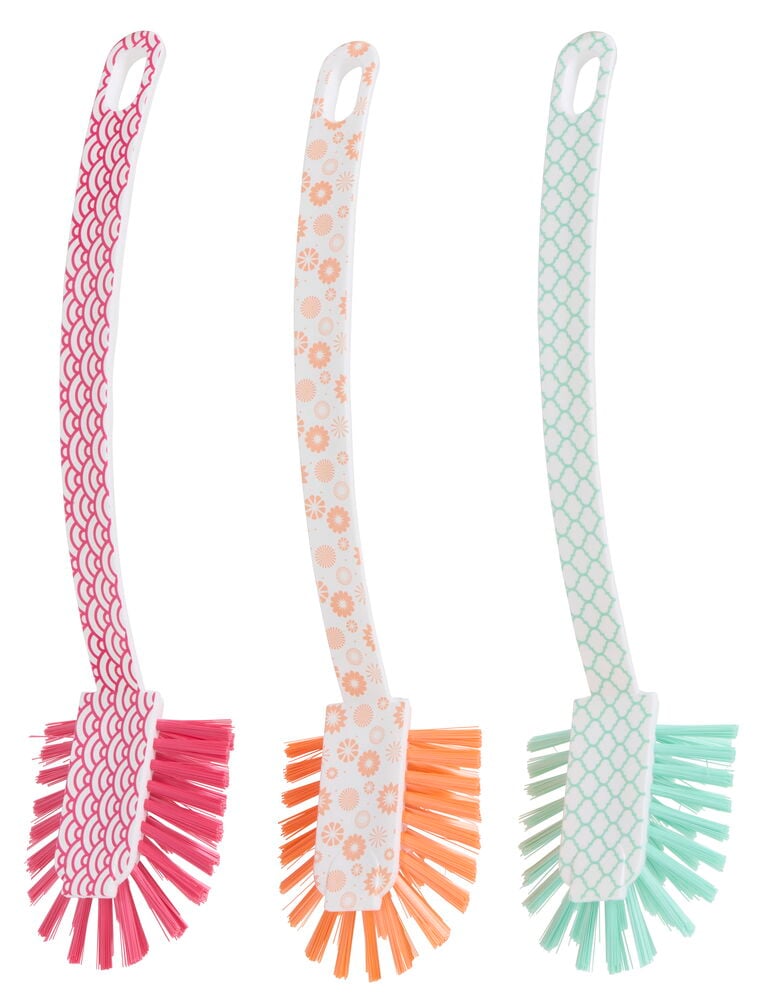 Diskborste 28 cm Blandade färger. Tre böjda borstar med rosa fjäll, orange blom- och mintgrönt klövermönster.