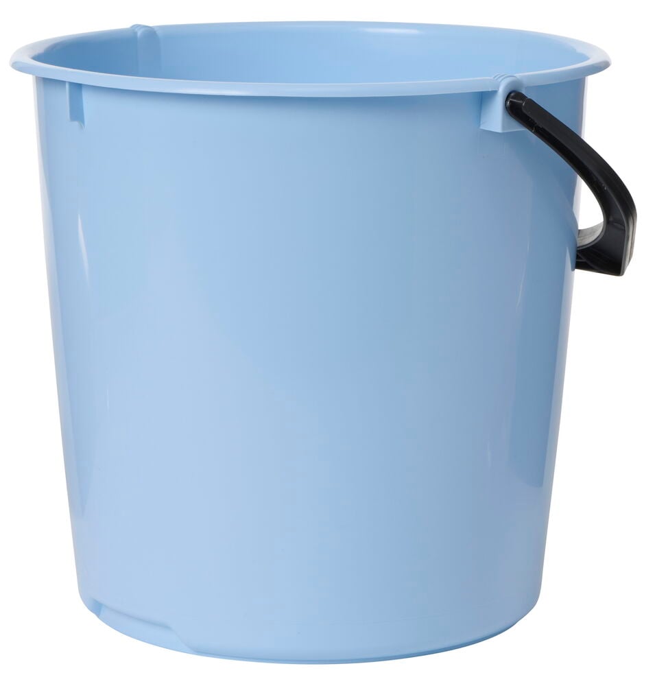 Ljusblå 10 liters polypropylen hink med svart handtag.