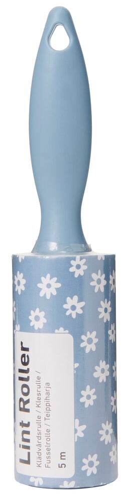 Blå klädvårdsrulle med blomstertryck och plasthandtag.