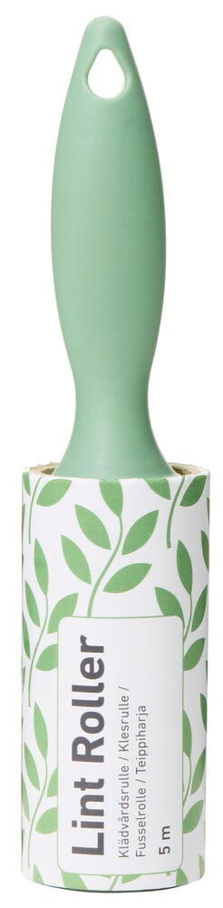 Klädvårdsrulle med grönt handtag och mönstrad rulle.