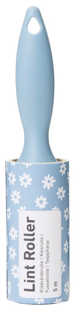 Ljusblå klädvårdsrulle med blomsterdekor och plastgrepp.