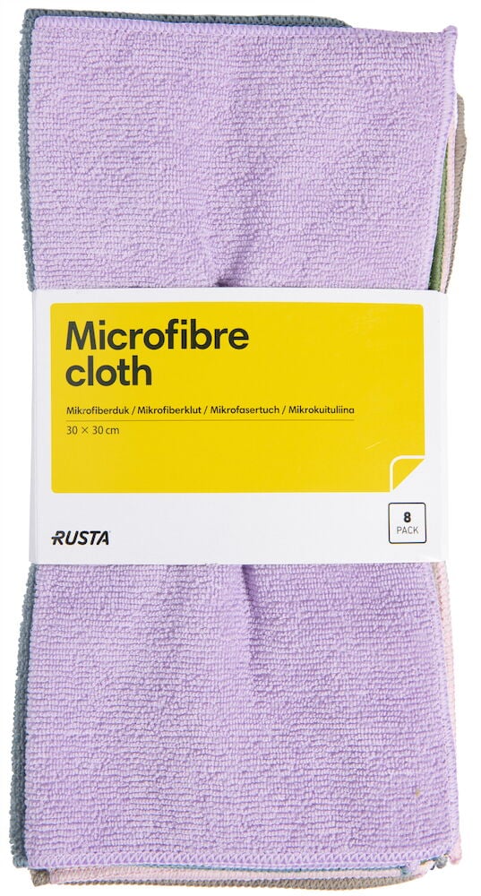 Åtta mikrofiberdukar i blandade färger staplade.