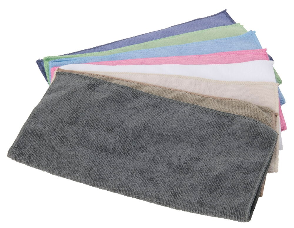 Åtta vikta mikrofiberdukar i olika färger.