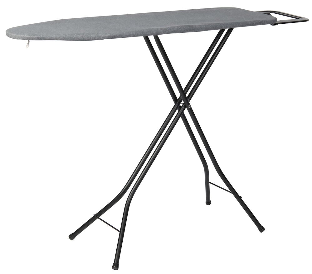 Grå strykbräda med svarta ben på vit bakgrund.