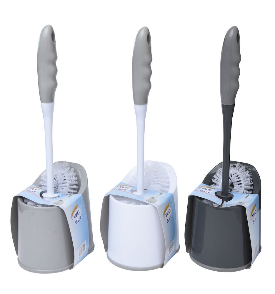 Tre toalettborstar med grått gummerat handtag.