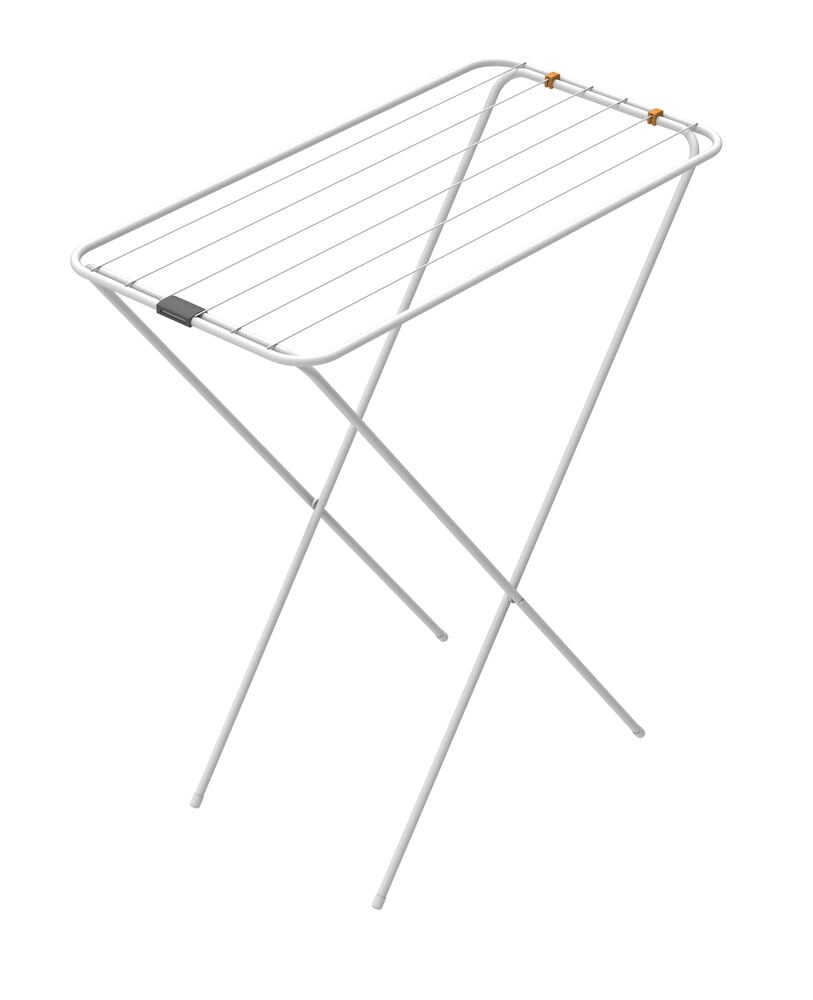 Vit torkställning med smala ben och torktrådar.