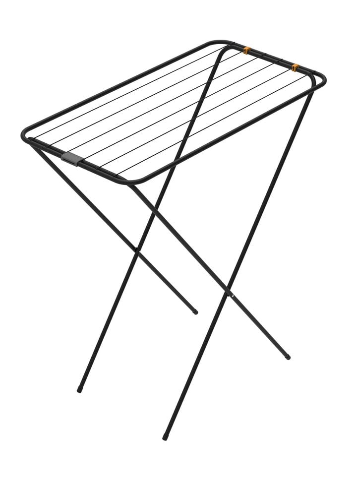 Svart hopfällbar torkställning med stålrör och ben.