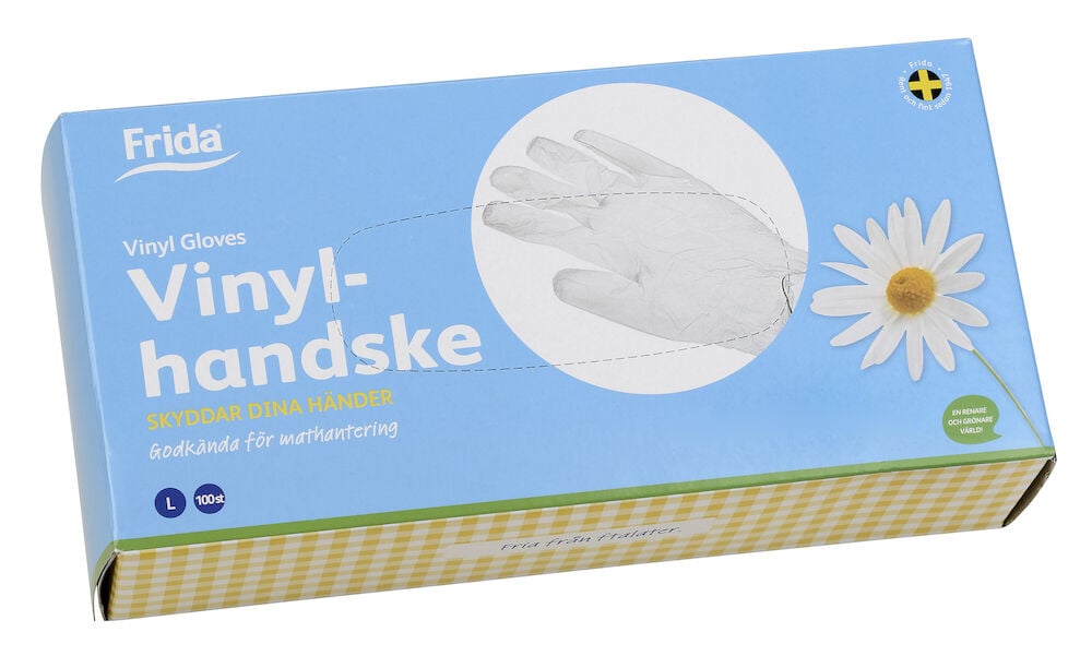 Blå förpackning med vita vinylhandskar storlek large.