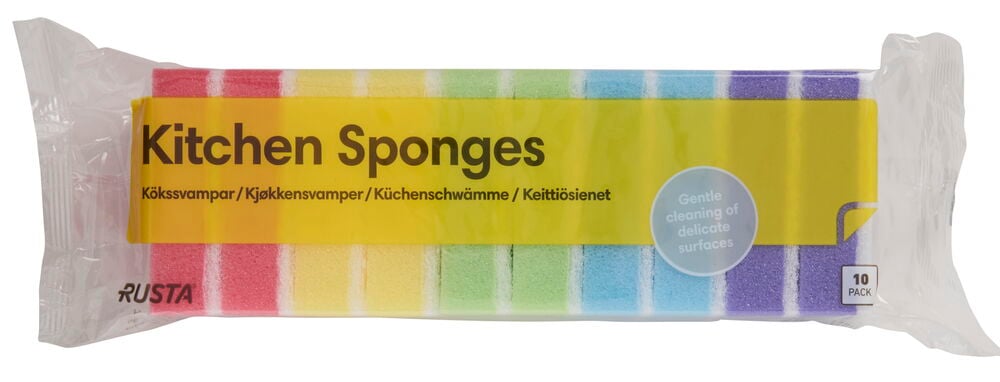 Ein 10er-Pack Küchenschwämme in verschiedenen Farben in klarer Verpackung, für sanfte Reinigung.
