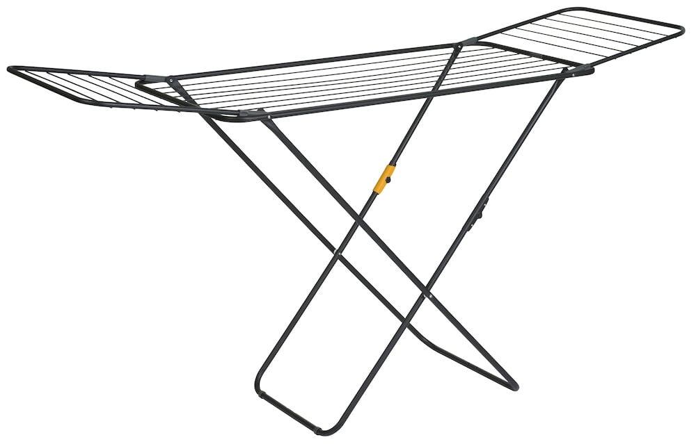 Svart hopfällbar torkställning med vingar utfällda.
