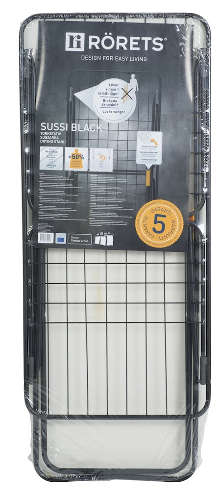 Svart hopfällbar torkställning med vingdesign i plastförpackning.