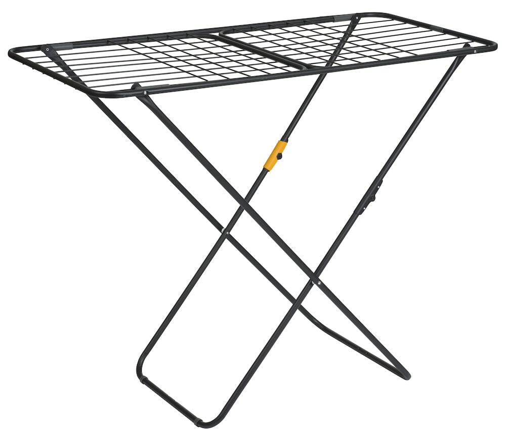Svart hopfällbar torkställning i stål med galler.