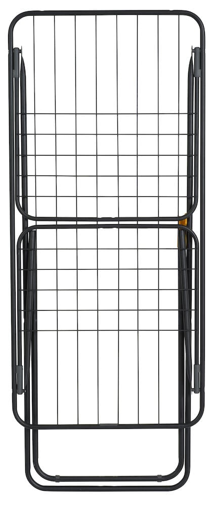 Hopfälld svart torkställning i metall med vingar.