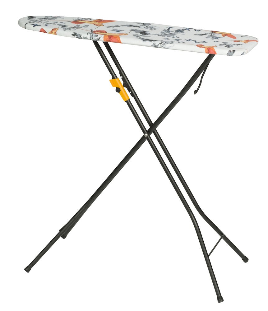 Hopfällbar strykbräda med fågelmotiv och svarta ben.