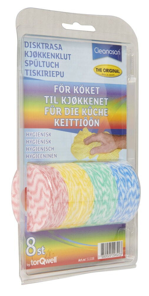 Mehrfarbige Spültücher in Plastikverpackung, acht Stück.