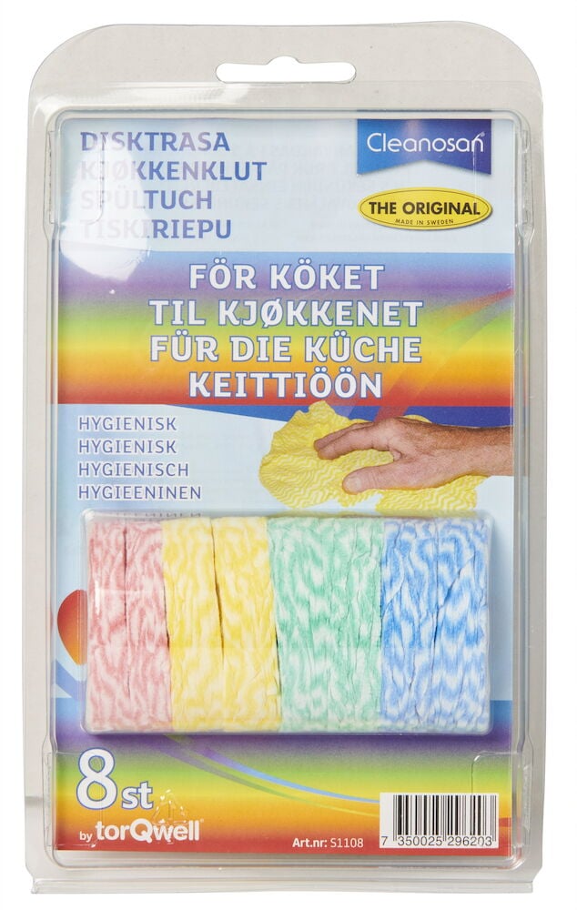 Mehrfarbige Geschirrtücher in Kunststoffverpackung.