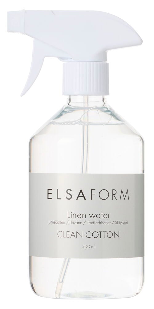Klar plastsprayflaske Linvann Elsaform Clean Cotton 500 ml med hvit etikett og hvit spraytopp.