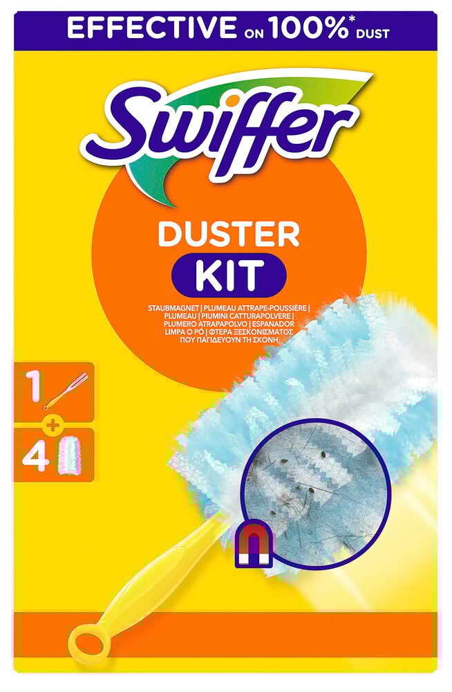 Gul förpackning med Swiffer dammvippa och blå duster.