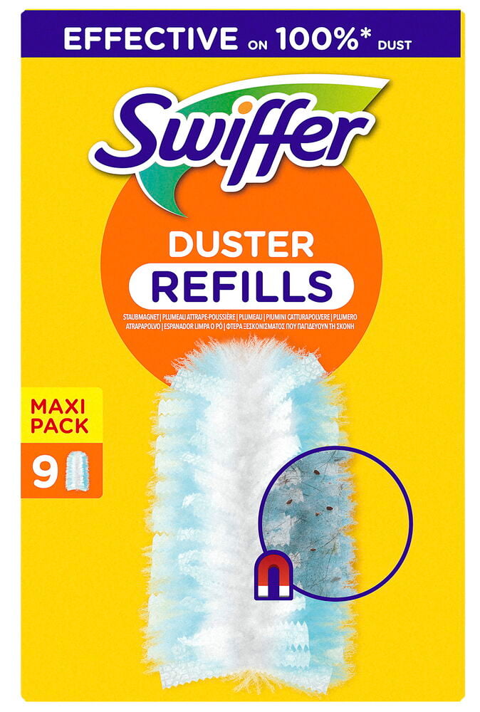 Förpackning med nio Swiffer dammvippa refill i blått.