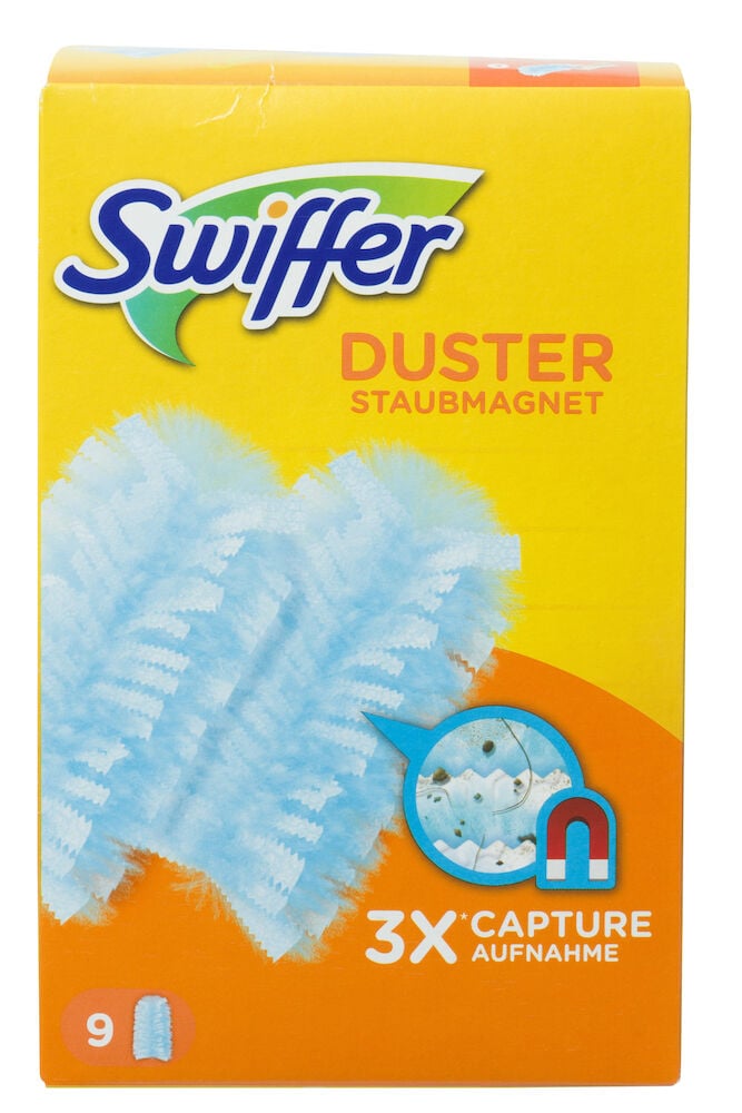 Keltainen pakkaus, jossa on yhdeksän sinistä pölyhuiskaa.