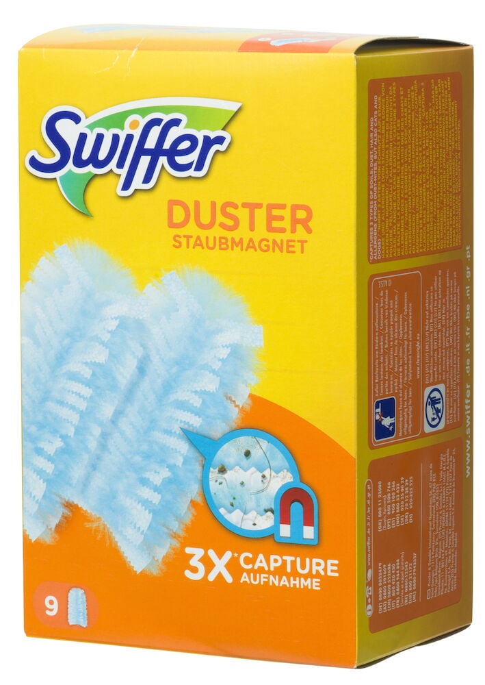 Gul förpackning med blå Swiffer dammvippa.