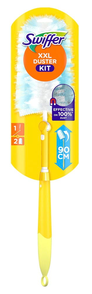Dammvippa Swiffer XXL kit med ett gult utdragbart handtag och vitt fluffigt huvud, förpackad på ett gult kort.