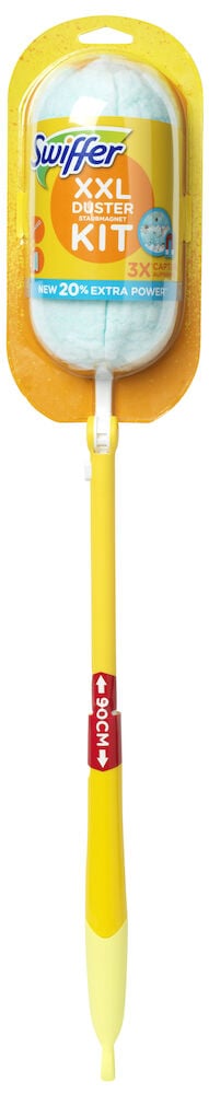 Dammvippa Swiffer XXL kit med ett gult utdragbart handtag och ett ljusblått fluffigt dammvippshuvud, förpackat.