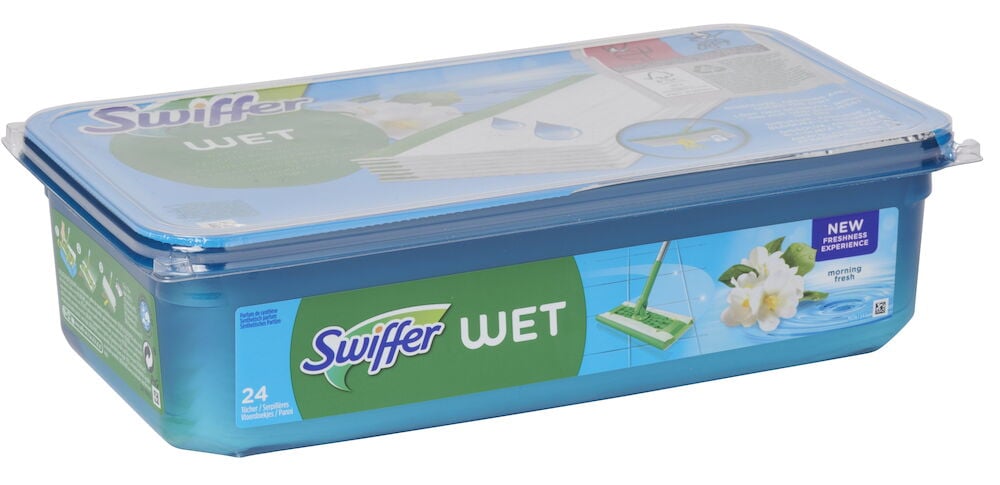 Blaue Swiffer Verpackung mit 24 nassen Wischtüchern.