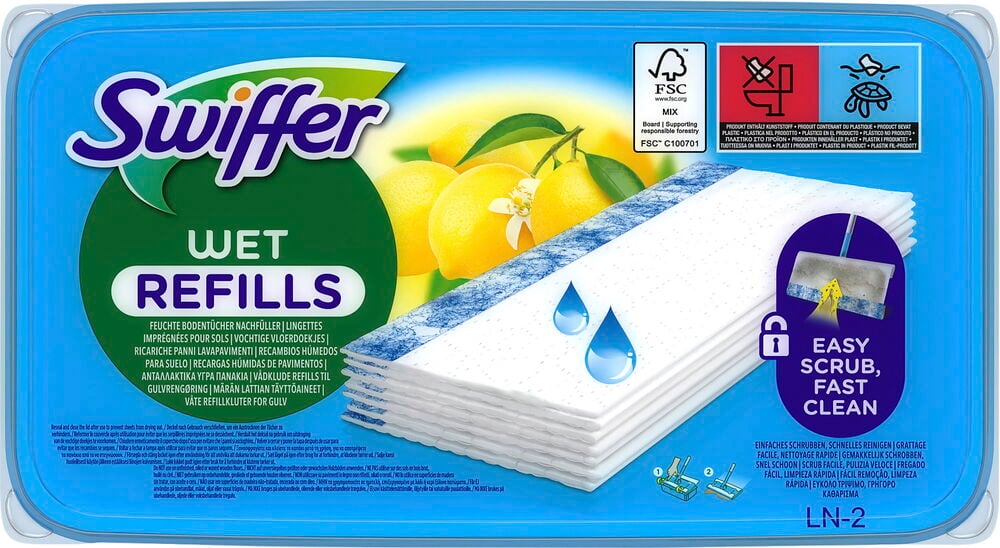 Pakkaus sitruunantuoksuisia ja tipattomia märkäpyyheiden täyttöpakkauksia.