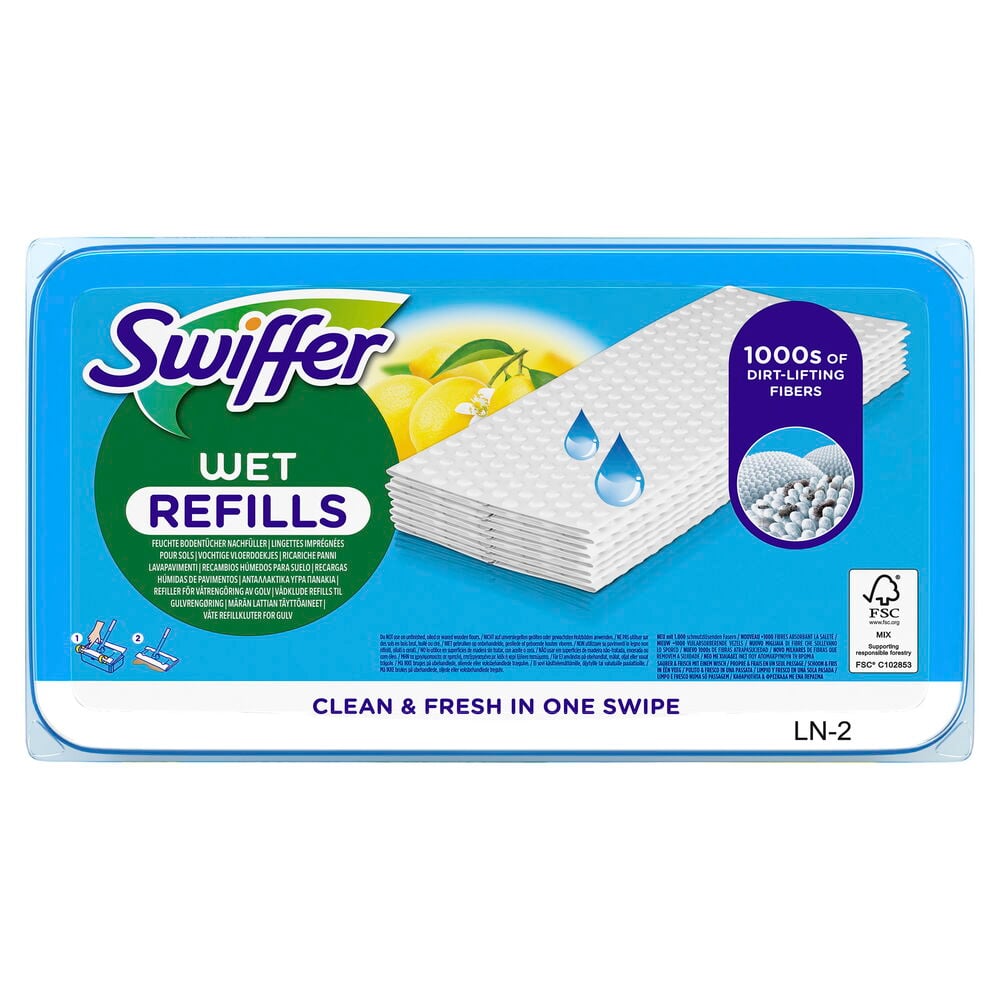 Mopprefill fuktig Swiffer 24-pack Citrus, blå förpackning med vita texturerade rengöringsdukar inuti.