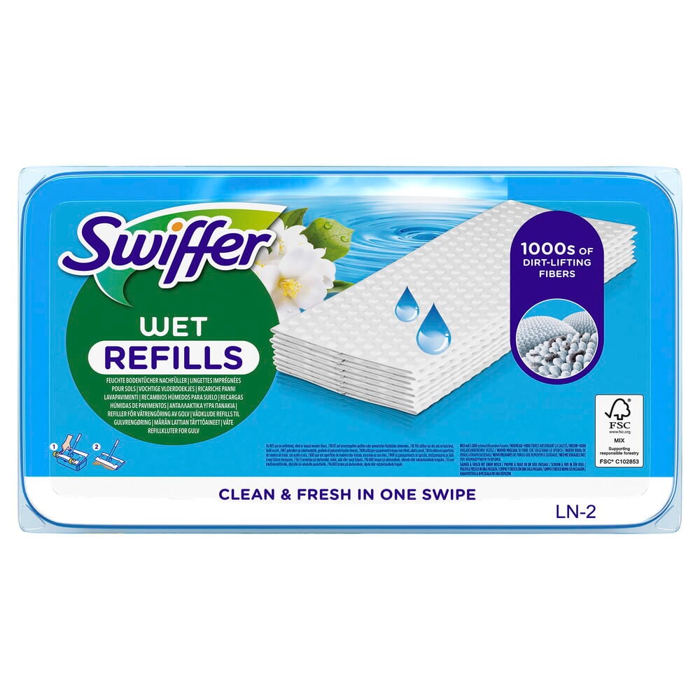 Mopprefill fuktig Swiffer 24-pack Morning Fresh, blå förpackning med vita dukar och smutslyftande fibrer.