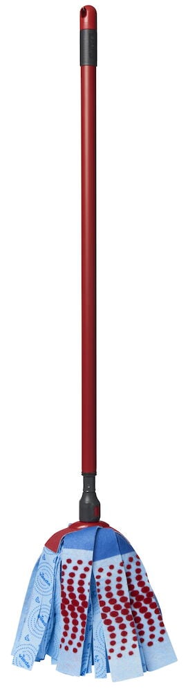 En mopp med teleskopskaft og blått mophode.