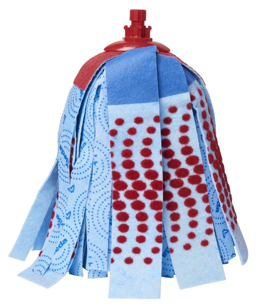 Sininen mopin pää, jossa on punaisia ja sinisiä kuvioita.