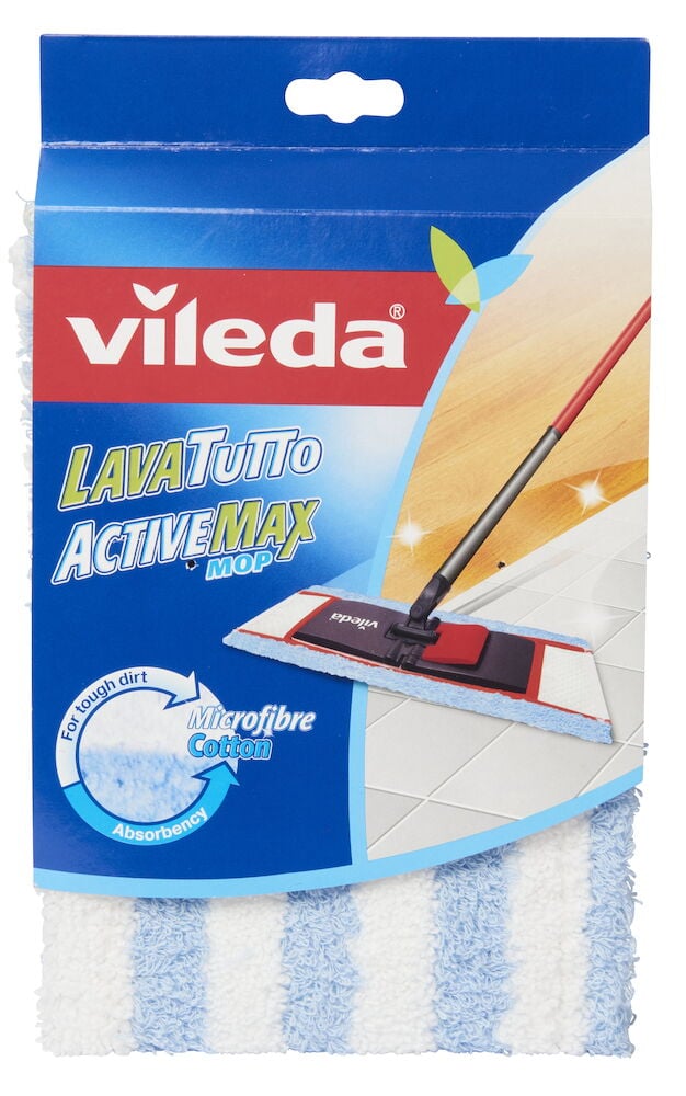Vileda Mop-Nachfüllpackung mit blau-weißen Streifen.