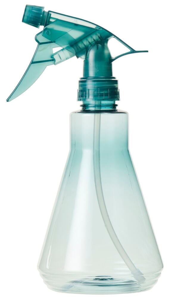 Transparent sprayflaska i plast med avtagbart munstycke.