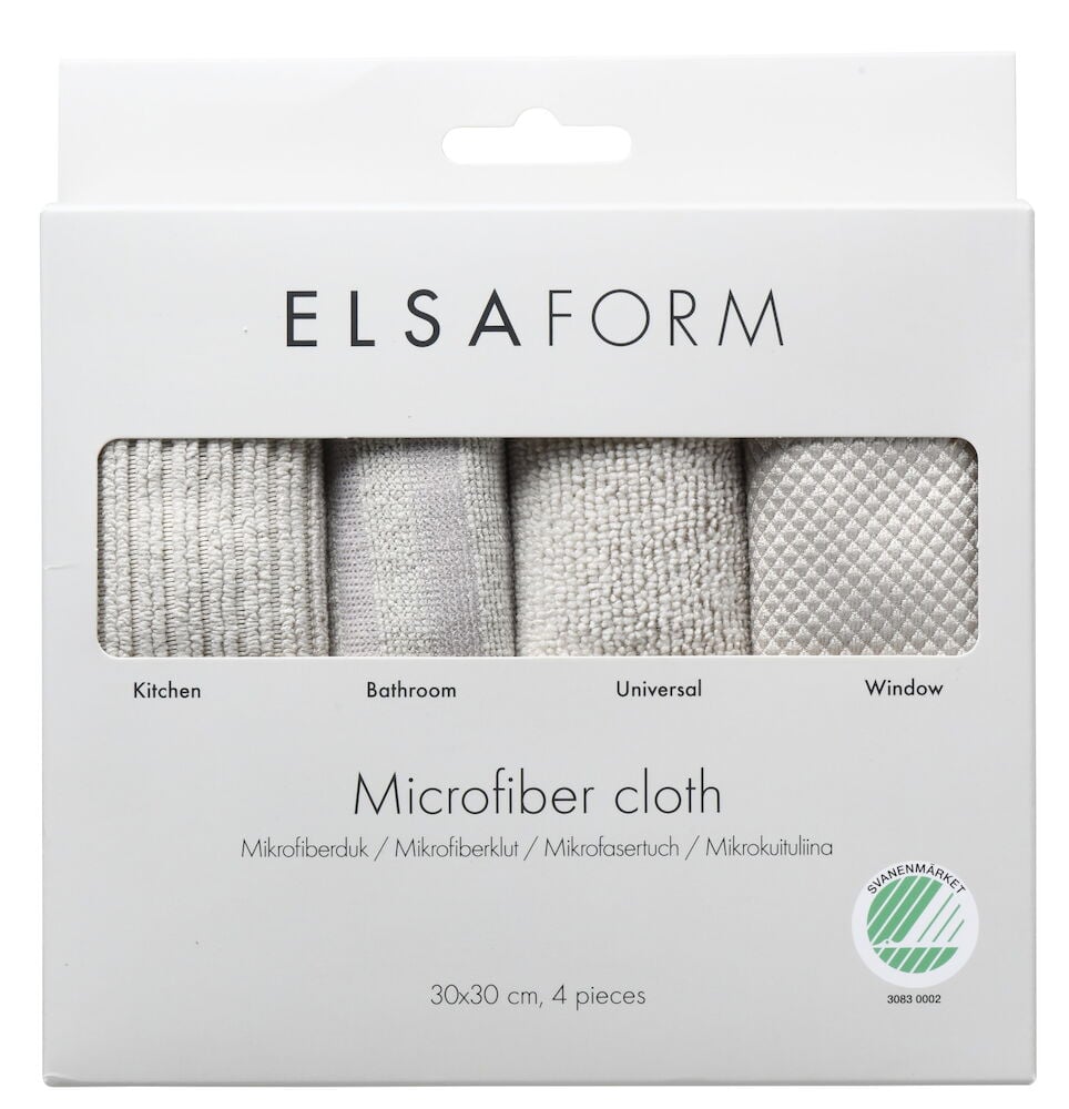 Neljä mikrokuituliinaa eri rakenteilla pakkauksessa.