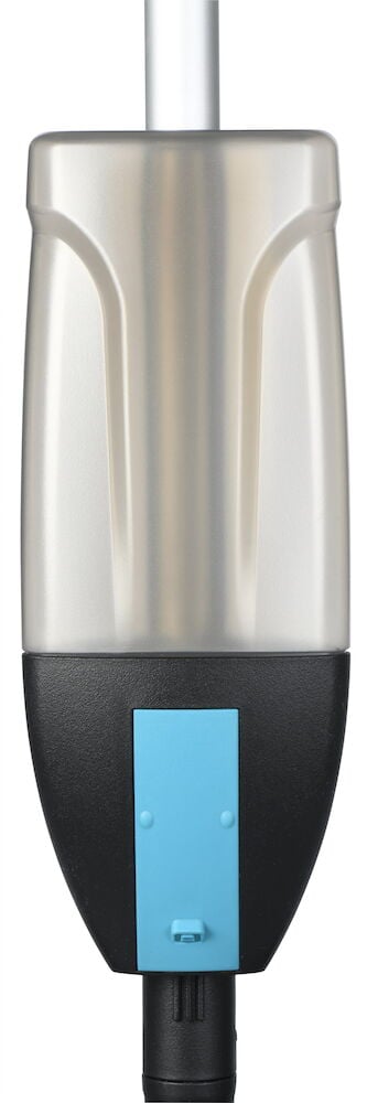 Griff mit integriertem Behälter und blauer Taste.