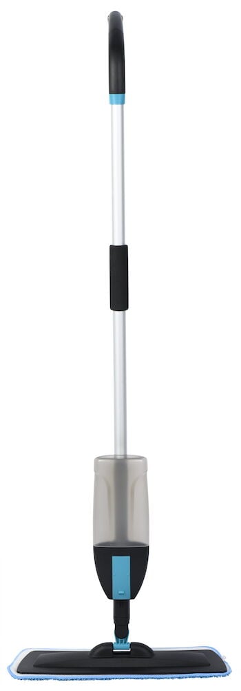 Sprühmopp mit langem Stiel und blauem Mikrofaser-Tuch.