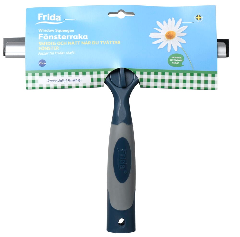 Blauer und grauer Fensterschaber mit Gummiblatt.