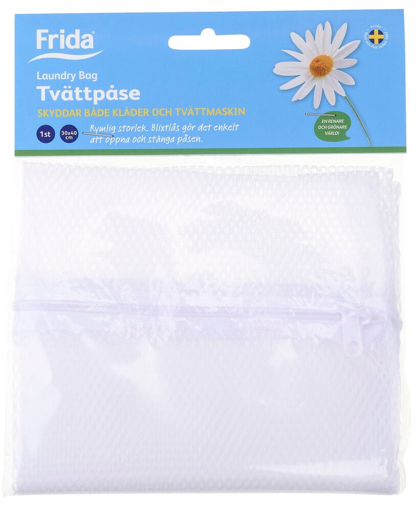 Weißer Wäschesack mit sichtbarem Reißverschluss.