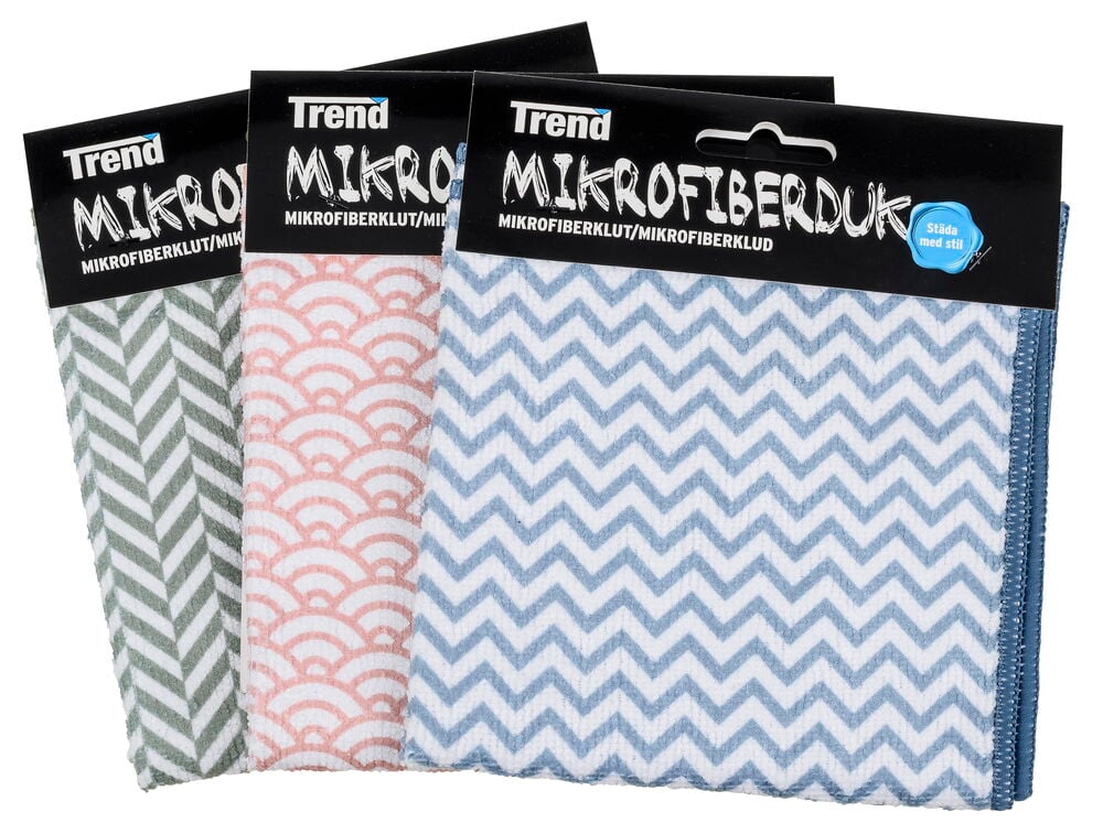 Drei Mikrofasertücher in verschiedenen Farben und Mustern.