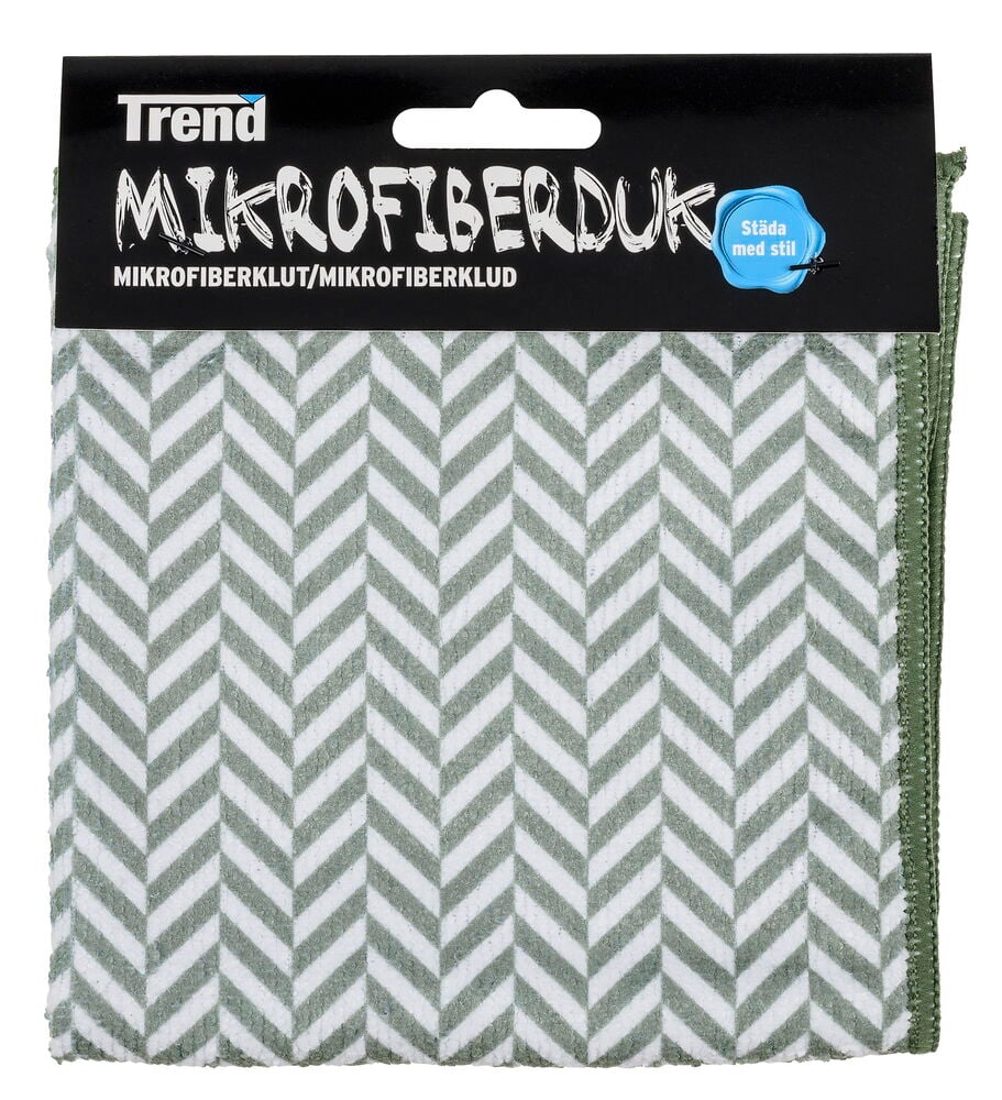 Grün-weißes Mikrofasertuch mit Fischgrätmuster in der Verpackung.