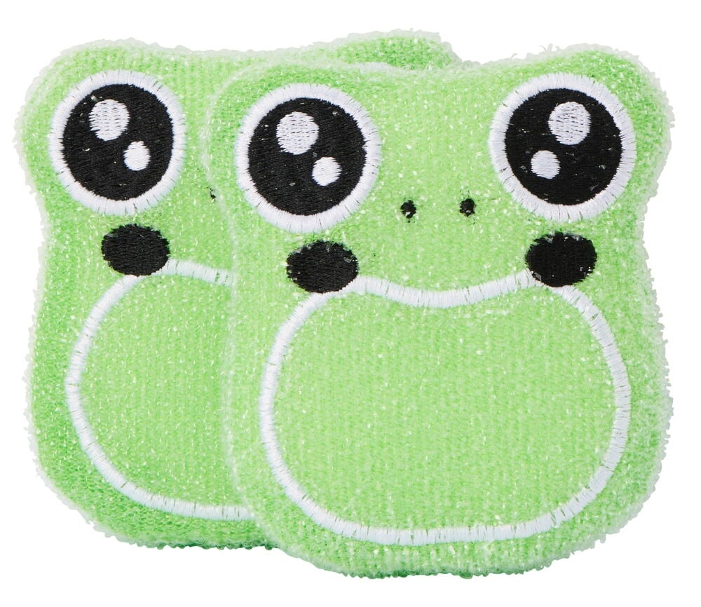 Zwei grüne Scheuerschwämme in Form von Fröschen.