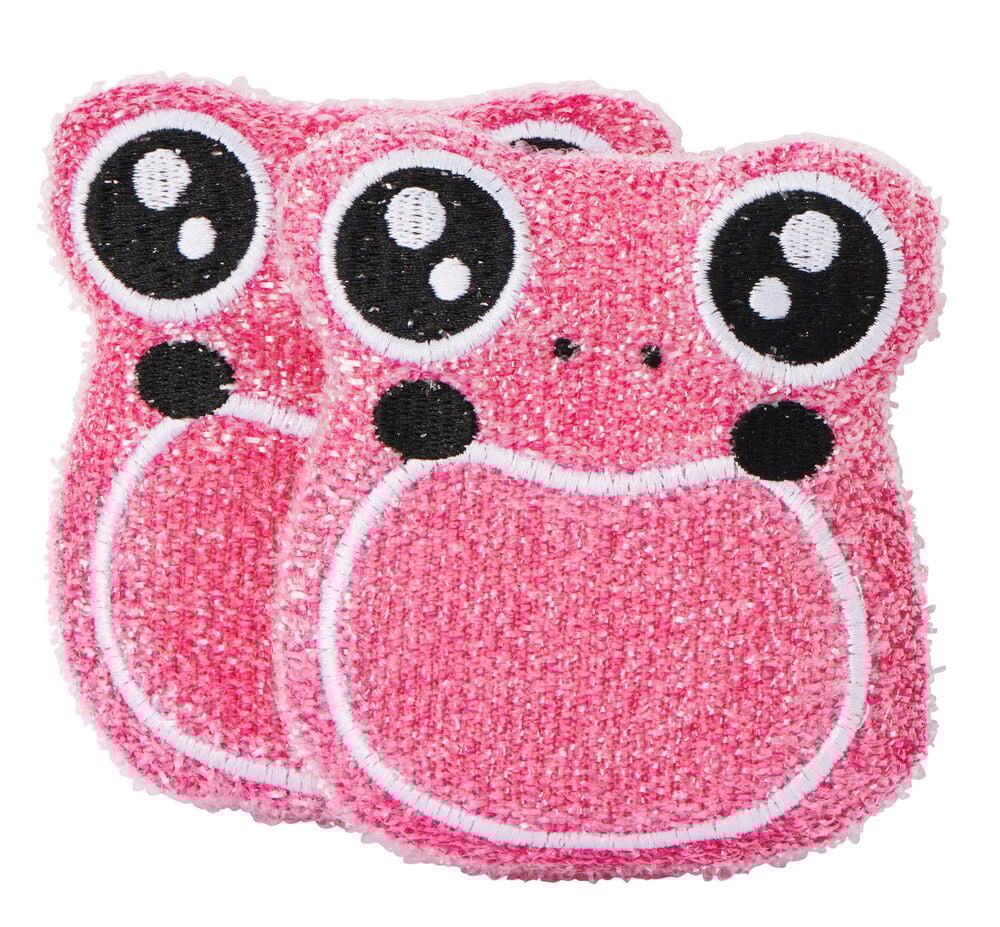 Zwei rosa Scheuerschwämme in Form von Fröschen.