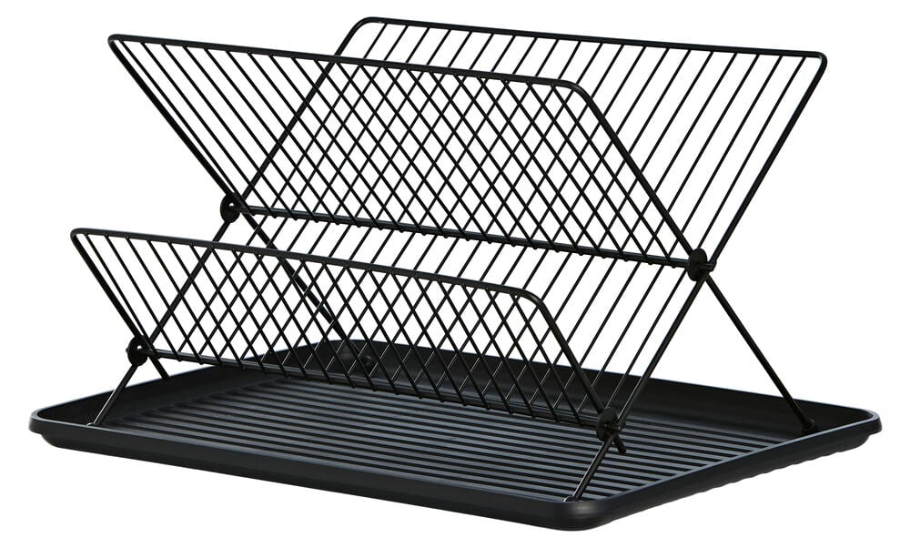 Svart Oppvaskstativ X i tråd, med X-formet ramme og et riflet avrenningsbrett i plast.